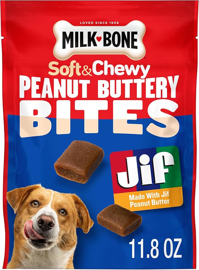 Milk-Bone Soft & Chewy Peanut Buttery Bites, 11.8 Oz. Bag | Soft dog treats with Jif peanut butter