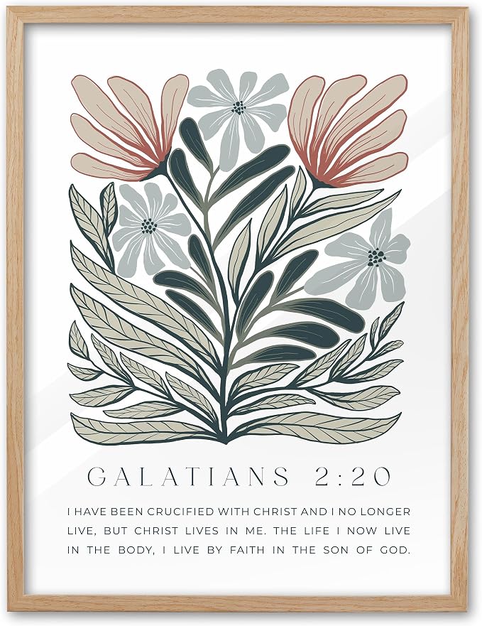 EcoHest 12x16 in Galatians 2:20 Abstract Floral Framed Christian Wall Art | Natural Oak Wood Frame with Canvas Wall Art, Boho Scripture Bible Verse Decor for Bedroom, Living Room, Office, Church, 1Pack