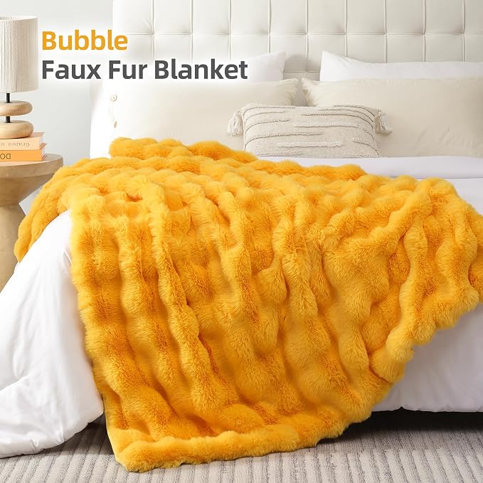 Faux Fur Throw for Couch - Mustard Yellow Bubble Blanket 50"x60" | Fluffy Plush Fuzzy Throw for Sofa & Bed, Super Soft Cozy Comfrt Blanket, Luxury Aesthetic Yellow Decor Gift for Women