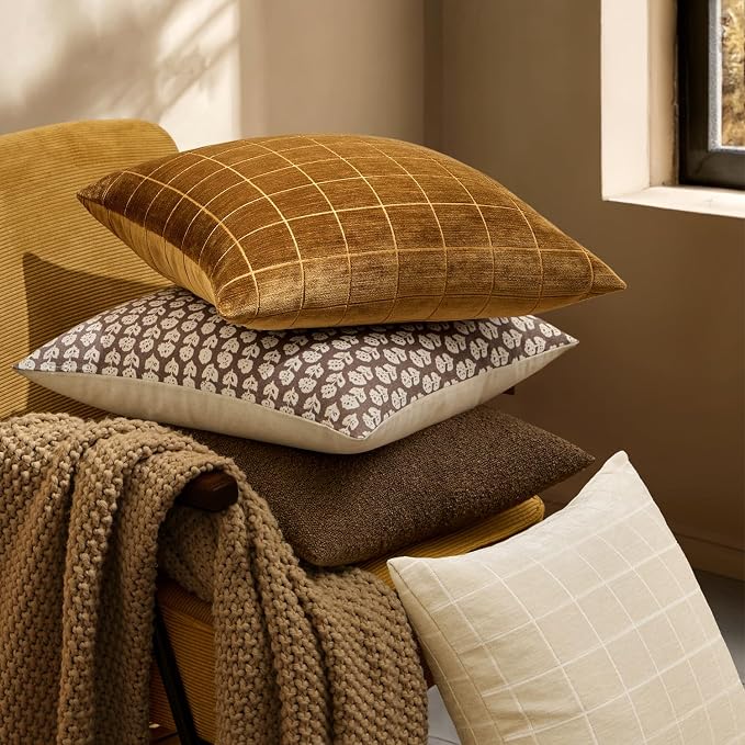 MIULEE Brown Sugar Plaid Fall Decor Throw Pillow Covers 20x20 Set of 2 | Vintage, Check Chenille Couch Pillows, Boho Farmhouse Cushion Covers, Modern Home Decor for Sofa Bed Living Room