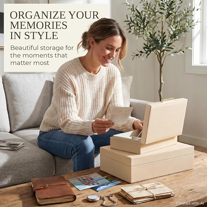 ZICOTO Decorative Storage Boxes with Lids – Set of 2 Beautiful PU Leather Organizer Bins for Your Bookshelf Home Decor - Safely Store Photos, Documents and Memory Box Keepsakes in Style