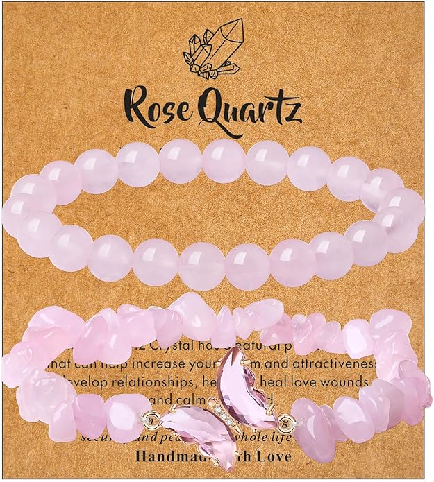 DUQGUHO 2Pcs Butterfly Bracelets for Women Healing Crystals Bracelets for Women Natural Gemstone Bead Bracelet Cute Butterfly Charm Bracelet Stretch 8mm Crystal Jewelry Gifts for Women