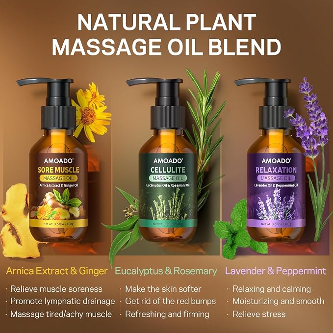 Massage Oil for Massage Therapy, Arnica & Ginger Oil, Lavender & Mint Oil, Eucalyptus & Rosemary Essential Oils, Sore Muscle Relief, Anti Cellulite, Relaxation, Body Massage Oils Spa Gift Set, 10.5oz