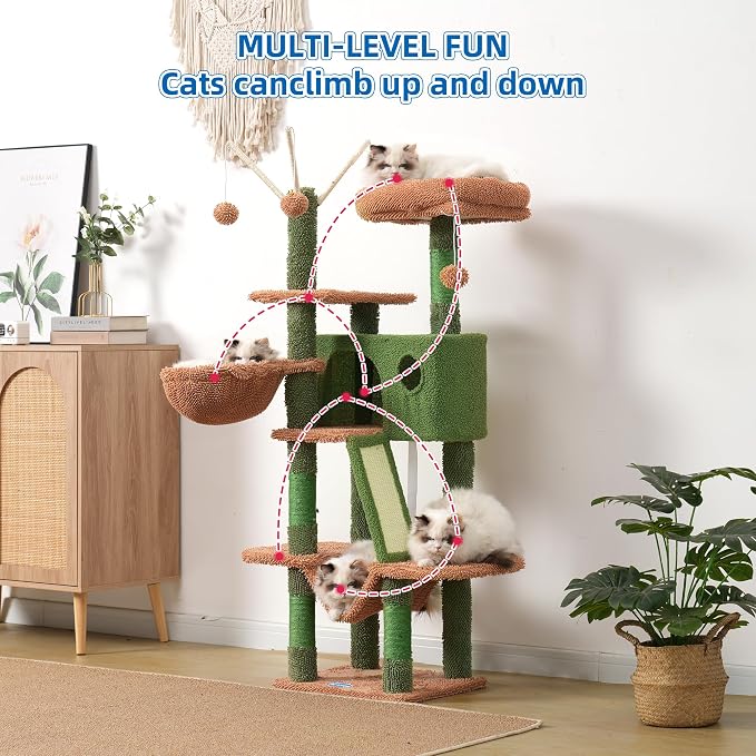 Hey-brother Cat Tree Tower with Padded Platform Bed, Hammock, MPJ019-SCA | 53 Inches Cat House with Large Cozy Condo, Toy Balls and Sisal Scratching Posts for Indoor Multi-Cats, Cactus
