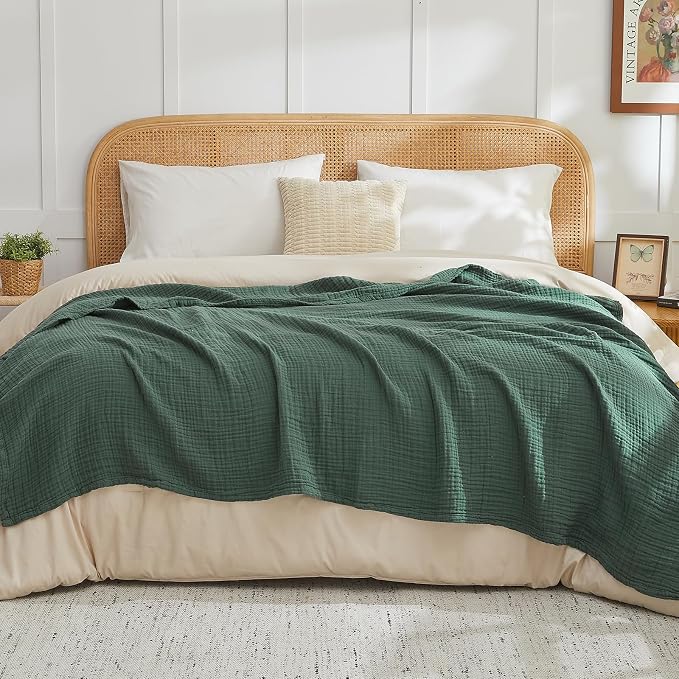 EMME Muslin Blankets for Adults Throw Blanket for Couch Breathable Gauze Soft Lightweight Airy Forest Green Super King 120" x 94"