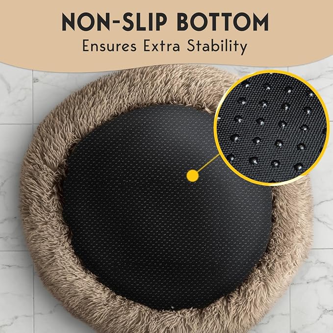PetJett Calming Medium Dog Bed - 30'' Round Dog Beds - Washable Dog Bed - Anti-Slip Super Soft Fluffy Plush Donut Bed, Anti-Anxiety Premium Comfort Pet Bed, Fits Dogs up to 45 lbs - Beige