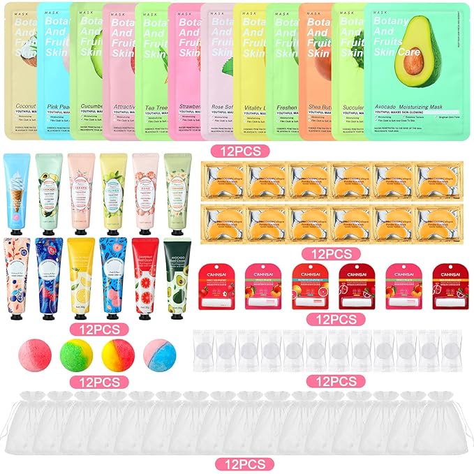 84 Pcs Spa Themed Party Supplies Facial Masks Patches Lip Balm Hand Cream Bombs Compressed Towel Organza Bags Spa Birthday and Sleepover Favors Galentines Day Gift for Women Most Skin Type