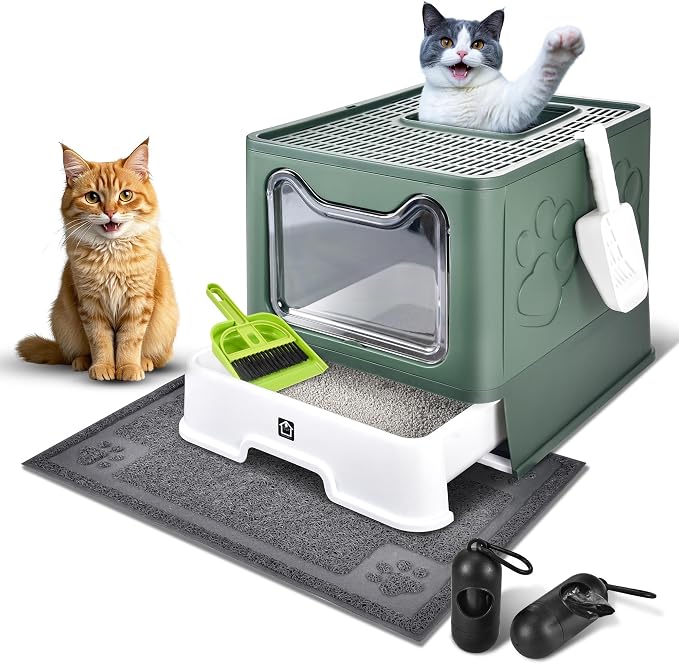 Covered Cat Litter Box, Extra Large Drawer Design with Dual Entry, Green | 13L litter capacity, adjustable door, leakproof structure, cleaning accessories, complimentary cat litter mat
