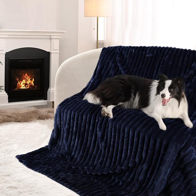 Waterproof Pet Blanket for Large Dogs & Cats - Reversible Calming Plush, Washable Furniture Cover for Couch, Bed, Car Seat, Blocks Leaks, Stains & Pet Fur (Navy, 50"x60")