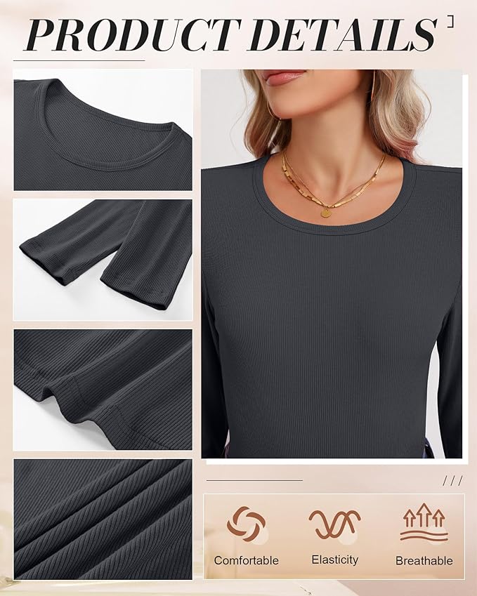 Ficerd 3 Pack Women's Ribbed Long Sleeve Tops, Crew Neck Slim Fit Undershirts Knit Basic Casual Stretch Layering Tee Shirts
