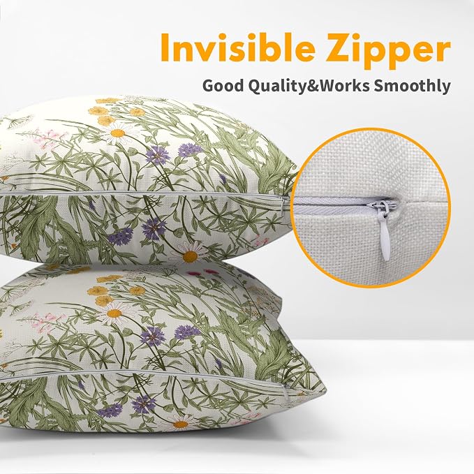 Kawani Wild Flower Throw Pillow Covers 20x20 in, Set of 2 Colorful Spring Herbs Floral Leaves Outdoor Decorative Pillow Cases Cotton Linen Cushion Cover for Couch Bed Sofa Home Decor Gift