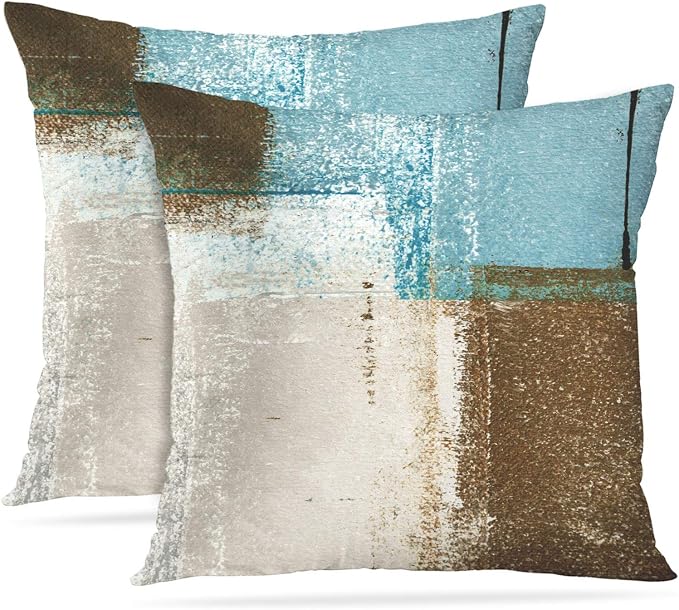 Throw Pillow Covers Set of 2, 20 x 20 Inch, Beige Blue Brown | Abstract Modern Art Outdoor Decorative Square Pillow Cases Couch Cushion Case for Couch Bed Sofa Living Room Home Decor