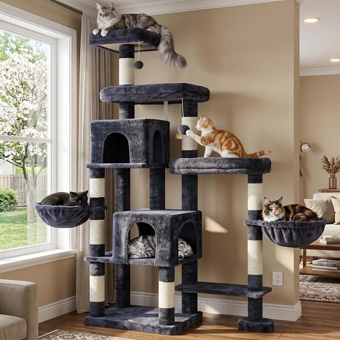 Hey-brother Cat Tree Tower with Stable Extended Base, 3 Platforms, MPJ038G | 70.9 Inches Multi-Level Sisal Scratching Posts, Wide Bed, 2 Cozy Condos, 2 Hammocks, Toy Balls for Indoor Cats, Smoky Gray