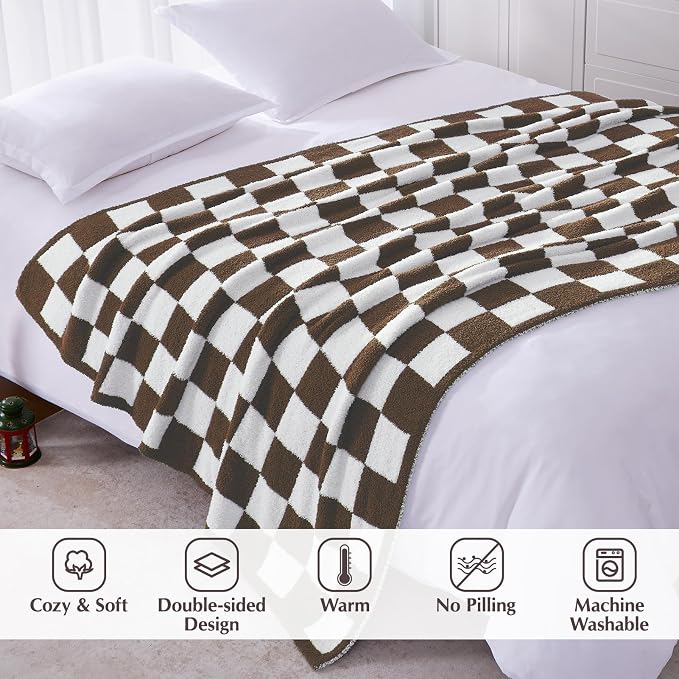 Soft Twin Size Checkered Blanket for Bed-Cozy Knitted Blankets | Lightweight Fluffy Warm Decor for Women, Mom, Her & Girls, Sofa, Chair, Couch, 60x80in,Coffee