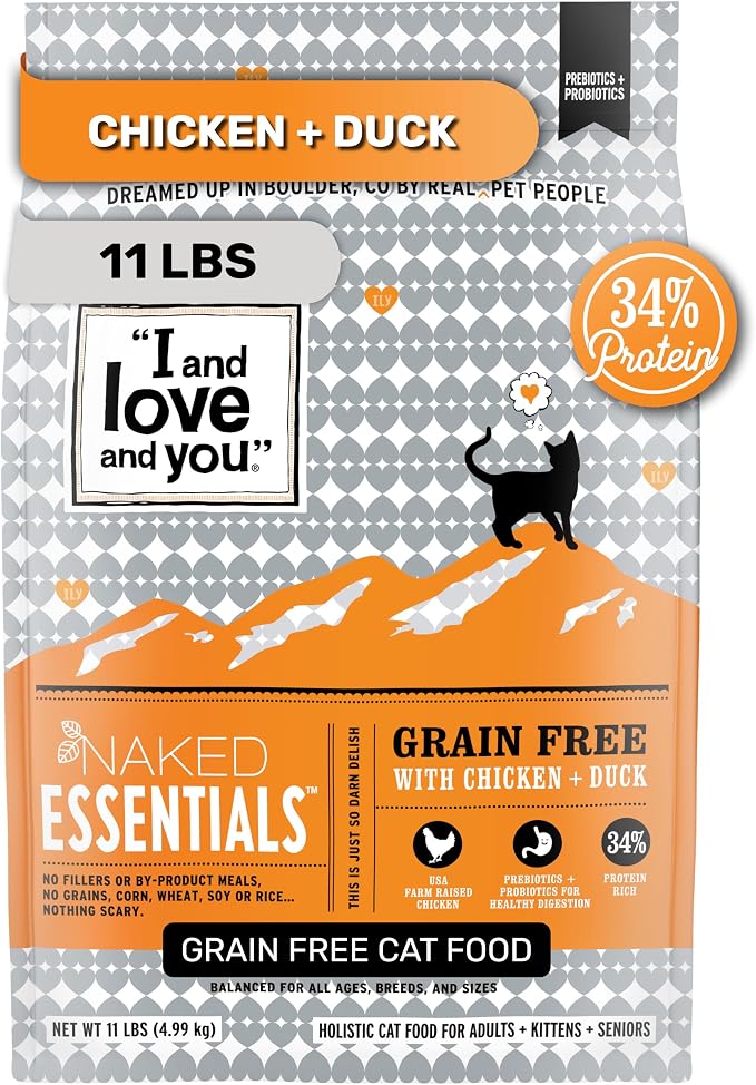 I AND LOVE AND YOU Naked Essentials Dry Cat Food - Chicken + Duck - Grain Free, Real Meat, No Fillers, Prebiotics + Probiotics, 11lb Bag