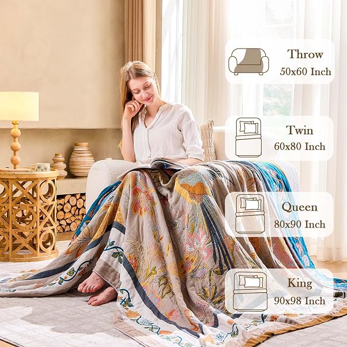 XIBLC Boho Blanket, 100% Cotton Farmhouse Decorative Throw Blanket, 80"x90" Reversible Bohemian Throw Blanket, Brown All Season Muslin Breathable Woven Blankets Quilt