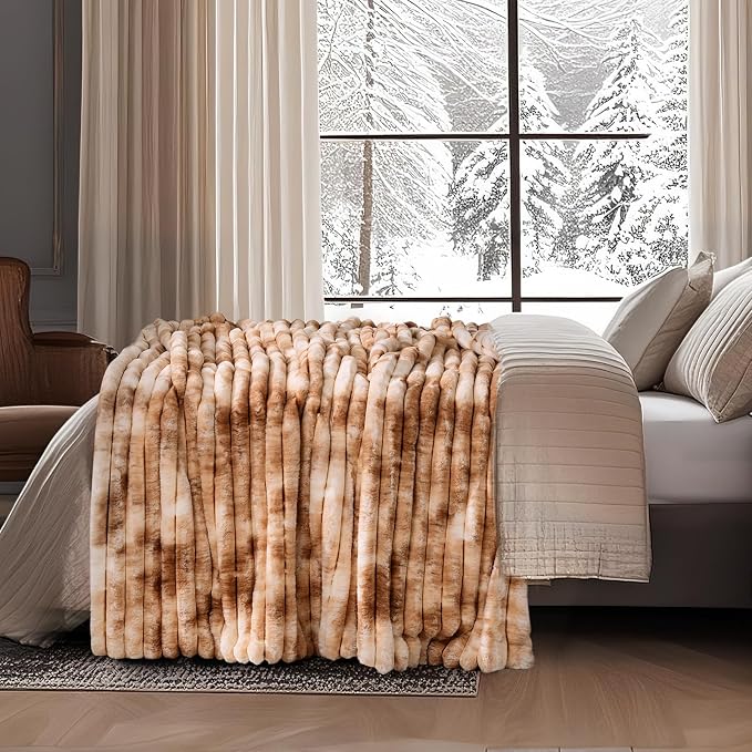 Faux Fur Throw Blanket for Couch, Cozy Fuzzy Fluffy Fur Luxurious Soft Striped Plush Gift Blankets for Family Sofa Chair Bedroom, 55"x70", Tie-dye Khaki