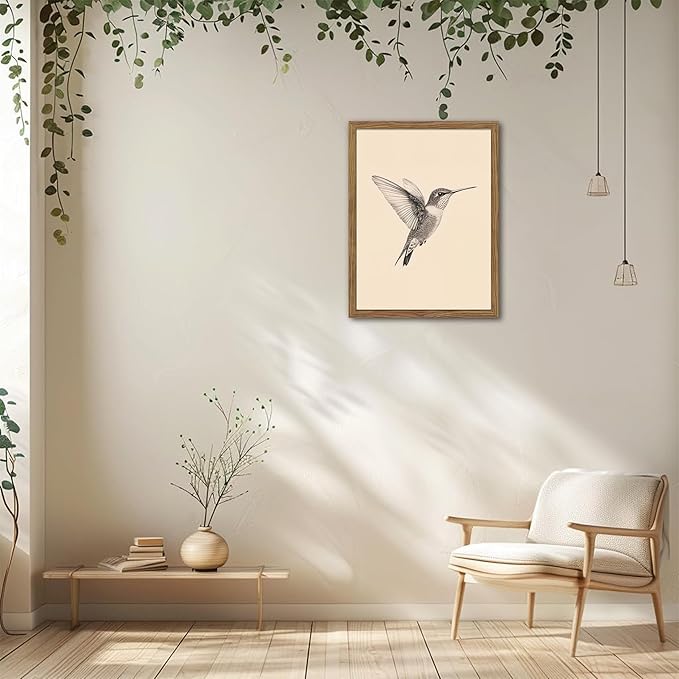 Vintage Framed Wall Art, Birds Canvas Prints, Hummingbird Sketch Painting Picture, Neutral Farmhouse Artwork Wall Decor for Living Room Bedroom – Dark Wooden Frame 12x16in