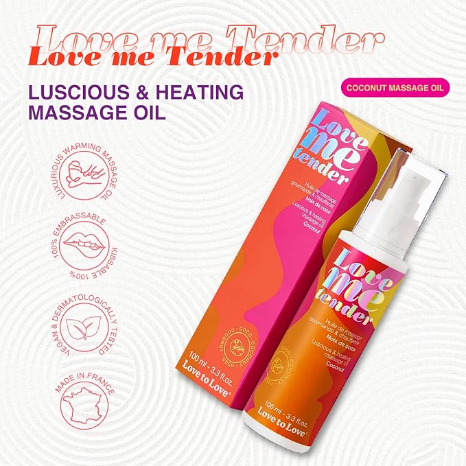 Love Me Tender Luscious Hydrating Coconut Warming Massage Oil – Kissable Flavored Massage Oil for Couples Intimacy, Romantic Date Night, Couples Play, Sensual Body Oil, Intimacy Items 3.3 fl oz