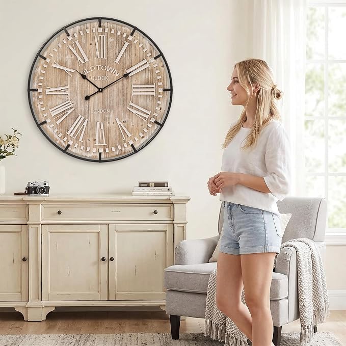 EMAX HOME 30 Inch Extra Large Wall Clock - Farmhouse Rustic Wood & Metal Design Silent Non-Ticking Battery Operated Decorative Oversized Clock for Living Room, Kitchen, Office & Bedroom