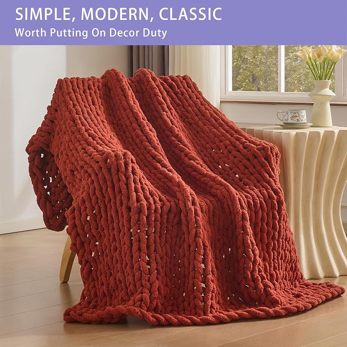 Bigacogo Chunky Knit Throw Blanket for Couch, 40x60 inches, Rust Red | Hand Knit with Jumbo Chenille, Soft Breathable Cable Knit for Sofa Bed Living Room, Machine Washable, Gift for Mom Friend