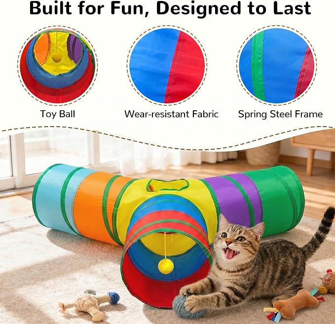 Tempcore Cat Tunnel, 3-Way Collapsible Toy, Large Size Rainbow