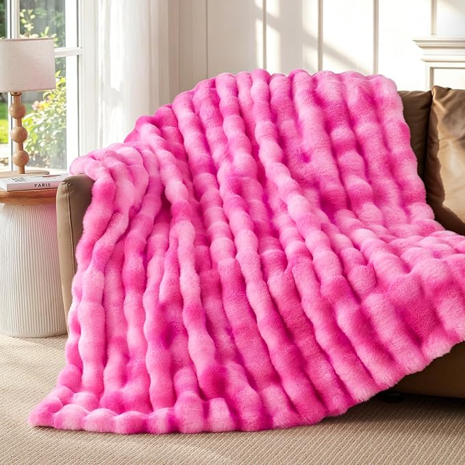 Luxury 1000GSM Rabbit Faux Fur Blanket, Super Warm Cozy Brown Blankets for Couch Bed Sofa, Ruched Plush Fuzzy Elegant Soft Reversible Mink Blanket Living Room Bedroom, 50" x 60",Rose Pink