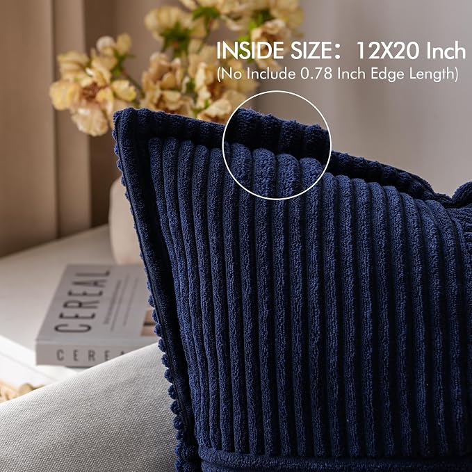 MIULEE Decorative Lumbar Throw Pillow Covers 12x20 Inch Navy Blue 2 Pack | Boho Broadside Striped Patchwork Pillow Covers, Soft Corduroy Cushion Cases, For Couch Sofa Bed Livingroom Home Decor