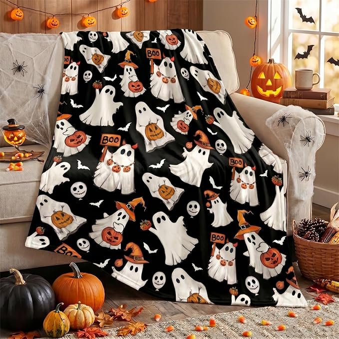 Horaldaily Halloween Black Ghost Pumpkin Skulls Flannel Throw Blanket 60x80 | All Season Using Ultra Soft Fuzzy Plush Cozy Non-shedding Blanket for Couch Sofa Bed Camping, Ideal Gift for Kids Adults