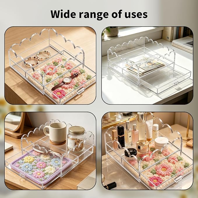 Scalloped Acrylic Tray, 7" x 7" Clear Acrylic Tray with Drawer for Needlepoint,Jewelry,Insert Photos, Art, Fabric, Napkin and Messages Display Basket, Decorative Tray Gift for Home Decor