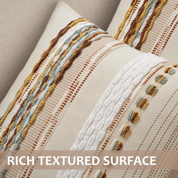 ANRODUO Decorative Boho Pillow Covers Orange White 20x20 Inch Pack of 2 | Throw Pillow Covers, Farmhouse Striped Pillow Covers, Chenille Tufted Pillow Cases, Neutral Pillowcase for Living Room Couch