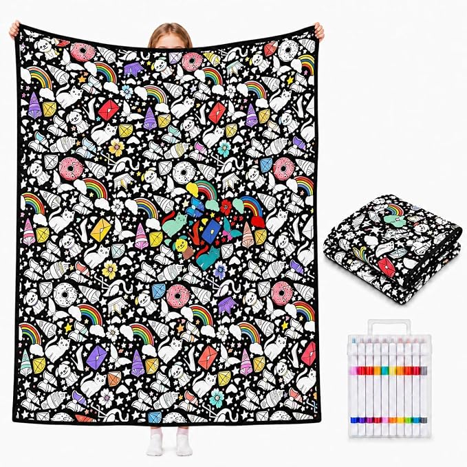 VEELU DIY Rainbow Coloring Blankets with 24 Colors Markers for Adults | Custom Color In Your Own Blankets With 24 Colors Markers, Snuggle Color Sketch Washable Blankets Kit Home Decor