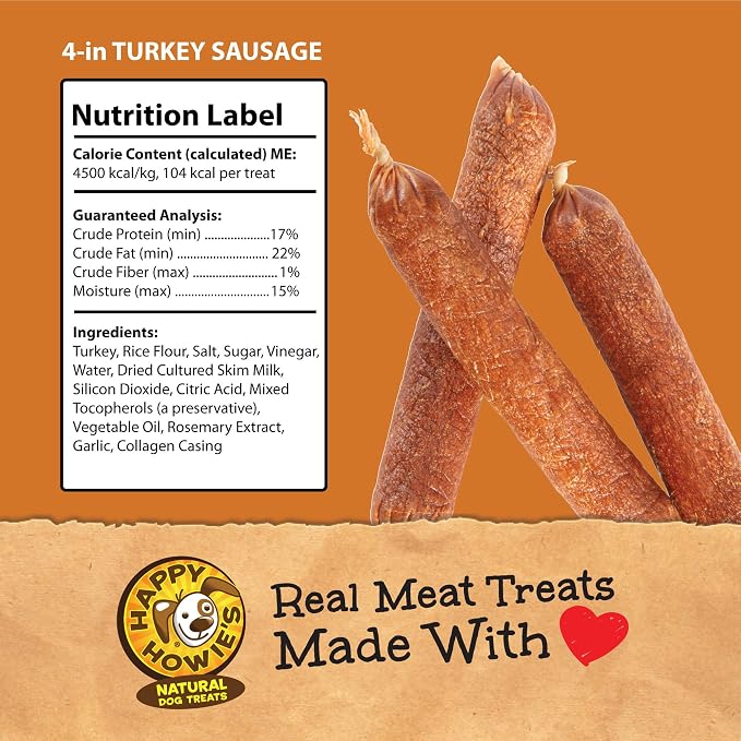 Happy Howie's Sausage Treats, Healthy Dog Treats, Turkey, (Pack of 1) | Flavorful, Slow Cooked, Natural Ingredients, Chewy, Hormone Free