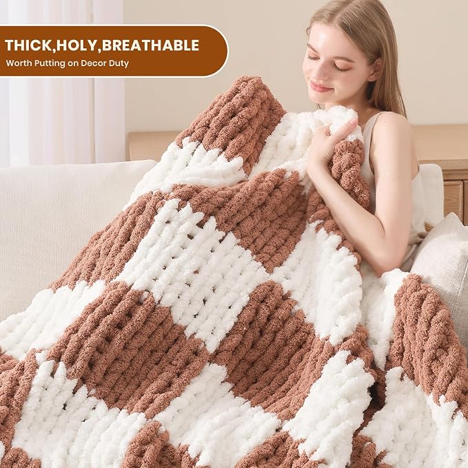 L'AGRATY Chunky Knit Throw Blanket for Couch 60 x 80 Inches Brown Checkered | Handmade Chenille Crochet Blanket for Sofa Bed, Thick Cable Knitted Blankets for Room Home Decor, Birthday Gift for Women Mom