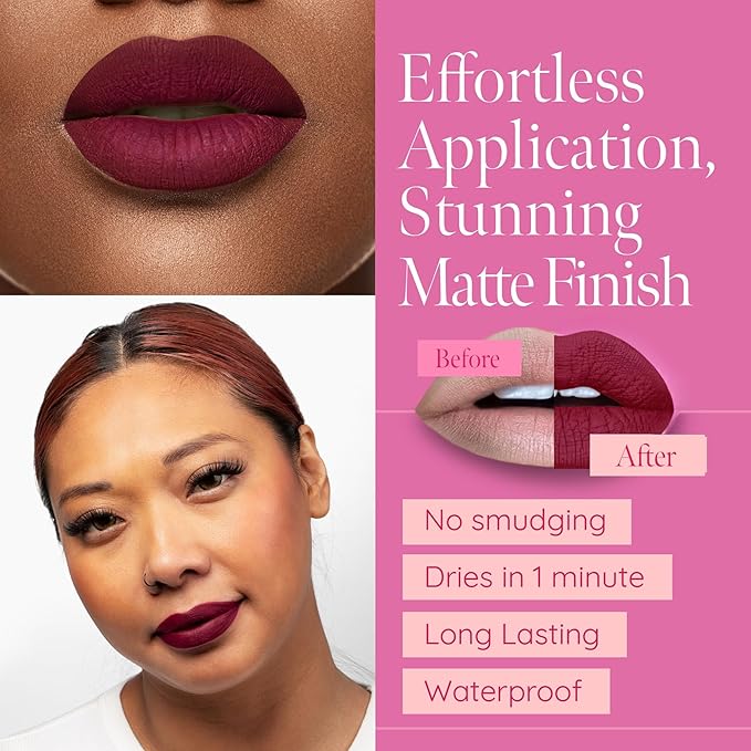 Aromi Maroon Burgundy Matte Liquid Lipstick | Long-Lasting Lip Color for Women, Bordeaux Wine, Dark Red, Blue Undertones, Vegan, Waterproof, (Red Dahlia)