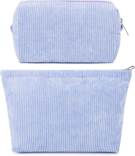 SOIDRAM 2 Pcs Corduroy Makeup Bag Large Cosmetic Bag Toiletry Bag Makeup Pouch Travel Bag Organizer Cute Makeup Brushes Aesthetic Accessories Storage Bag for Women Blue