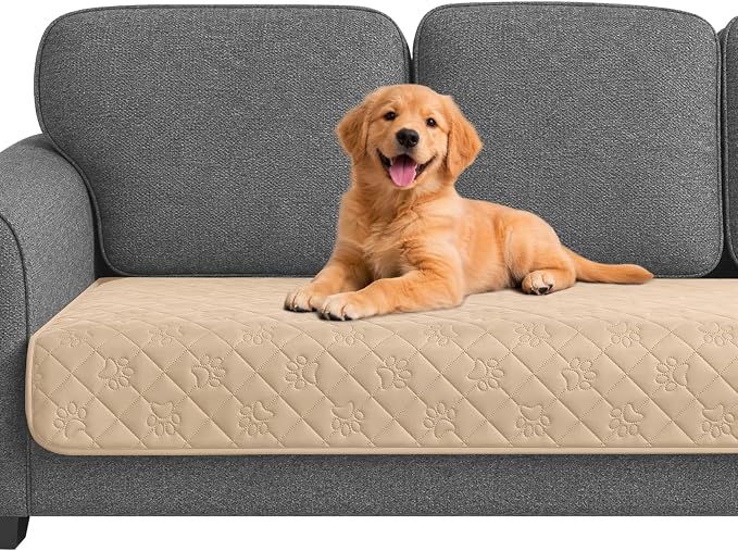 PAWFINITY Waterproof Couch Covers for Dogs, Pet Blanket for Sofa Washable | Paw Print Quilted, Hair Resistant, Anti Cat Scratch, Washable Furniture Protector for 3 Seat Sofa and Bed, 30x90 Inch, Beige