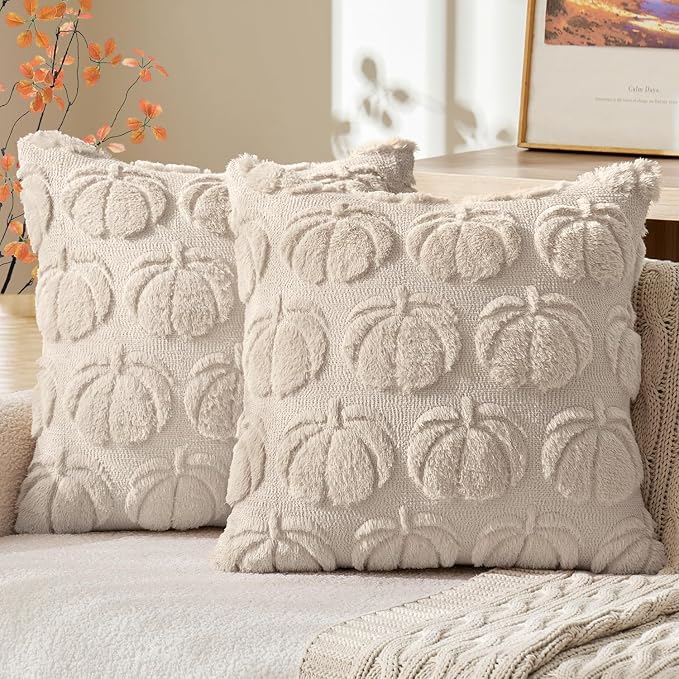 MIULEE Fall Pillow Covers Pumpkin Fall Decor 22x22 Beige | Set of 2 Fall Decorations for Home, Plush Faux Fur Farmhouse Accent Pillowcases, Porch Sofa Couch Cushion Bed Livingroom