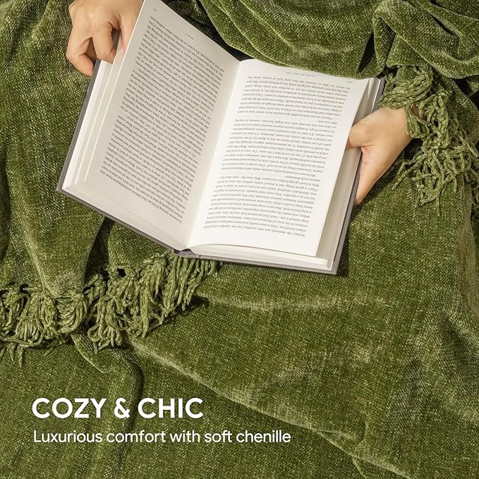 RECYCO Chenille Throw Blanket for Couch, 60"x80", Loden Green | Super Soft Knit Throw Blanket with Fringe Tassels, Lightweight Knitted Throw, Cozy, Ideal for Sofa Chair Bed Living Room Gift