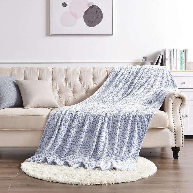PLEASANT BOULEVARD | Leopard Throw Blanket Fleece, Premium Lightweight Cozy Warm Plush Microfiber Bedspread for Couch Sofa and Bed (Blue, Throw (50 x 60 inches))