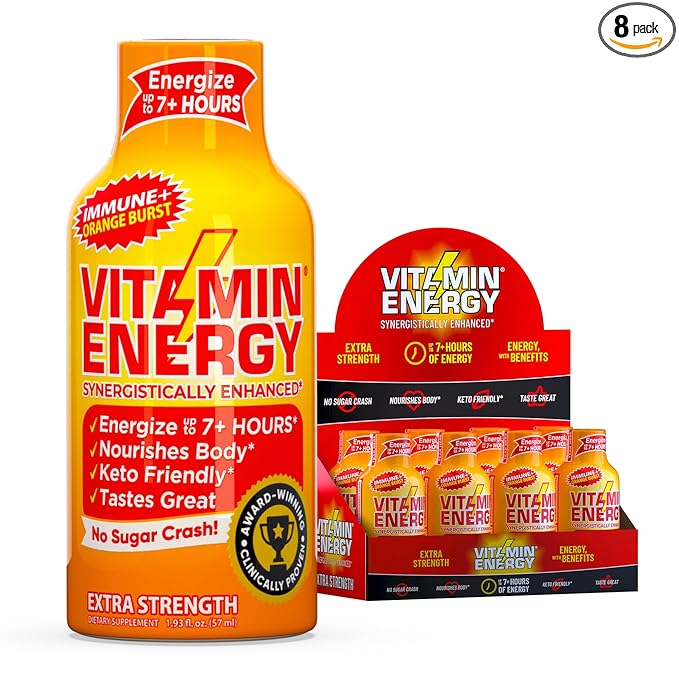 Vitamin Energy Immune+ Extra Strength Energy Shot Orange Burst 8 Pack, 260mg Natural Caffeine, B-Vitamins, Citicoline, Green Tea, Immunity & Focus Support, Zero Sugar, Gluten-Free 1.93 fl oz