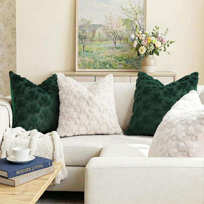 decorUhome Faux Fur Throw Shamrock Cream White Pillow Covers 18x18 Set of 2 | Plush Soft Wool St. Patrick’s Day Throw Pillow Covers, Accent Modern Farmhouse Pillow Covers Holiday Decor for Sofa Bed