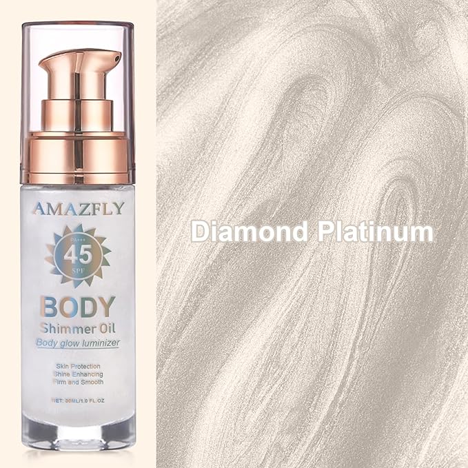 Shimmer Body Oil, SPF 45 Broad Spectrum, Sunscreen Face and Liquid Luminizer Waterproof Moisturizing, Light Shimmer Glow Illuminator, Smooth Body Highlighter Makeup (#02 Diamond Platinum)