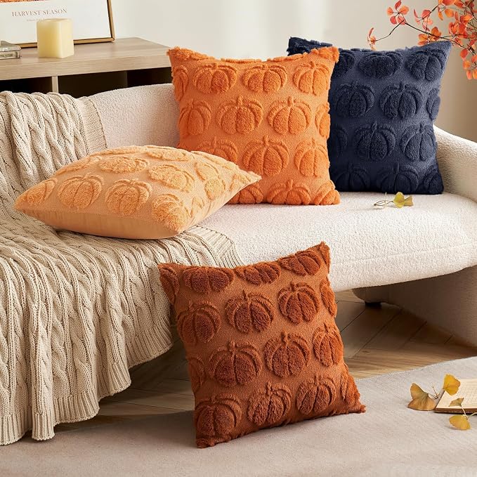 MIULEE Fall Pillow Covers Pumpkin Fall Decor 18x18 Navy Blue | Set of 2 Fall Decorations for Home, Plush Faux Fur Farmhouse Accent Pillowcases, Porch Sofa Couch Cushion Bed Livingroom