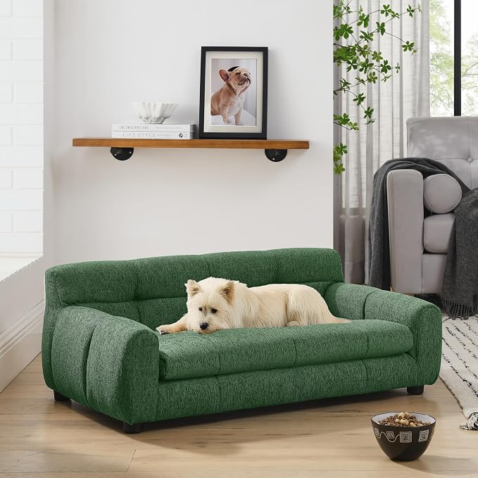 38"x22" DOD Sofa for Small & Medium Dogs | Removable Cushion Cover | Stable Low-Leg Frame | Breathable Linen Fabric | Armrest & Backrest | Easy to Clean |Olive Green