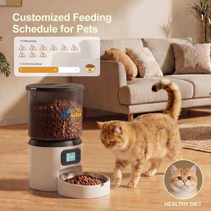 Automatic Cat Feeders, 4L Timed Cat Dry Food Dispenser Auto Pet Feeder Portion Control up to 9 Meals/Day for Cats and Small Dogs Dual Power Supply, with Stainless Bowl Fresh Food, Easy Clean