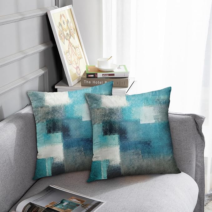 Throw Pillow Covers Set of 2, 18 x 18 Inch, Teal Peacock Blue | Abstract Modern Art Outdoor Decorative Square Pillow Cases Couch Cushion Case for Couch Bed Sofa Living Room Home Decor