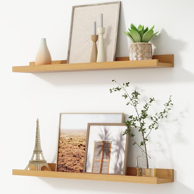 Picture Ledge Shelf, Floating Shelves for Wall, 30" W Set of 2, Oak | FSC Certified Engineered Wood, Wall Mounted Bookshelf, for Nursery Living Room Bedroom, Pre-Drilled, Easy Install