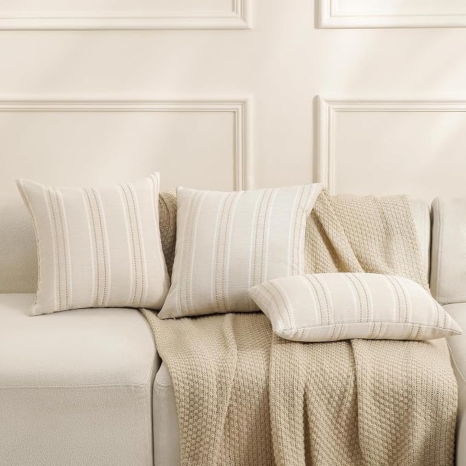 Hckot Stripe Throw Pillow Covers 26x26 Large Square Khaki Pillow Cover | Farmhouse Decorative Pillows Textured Linen Euro Sham Cushion Covers for Sofa Couch Bed Living Room Decor