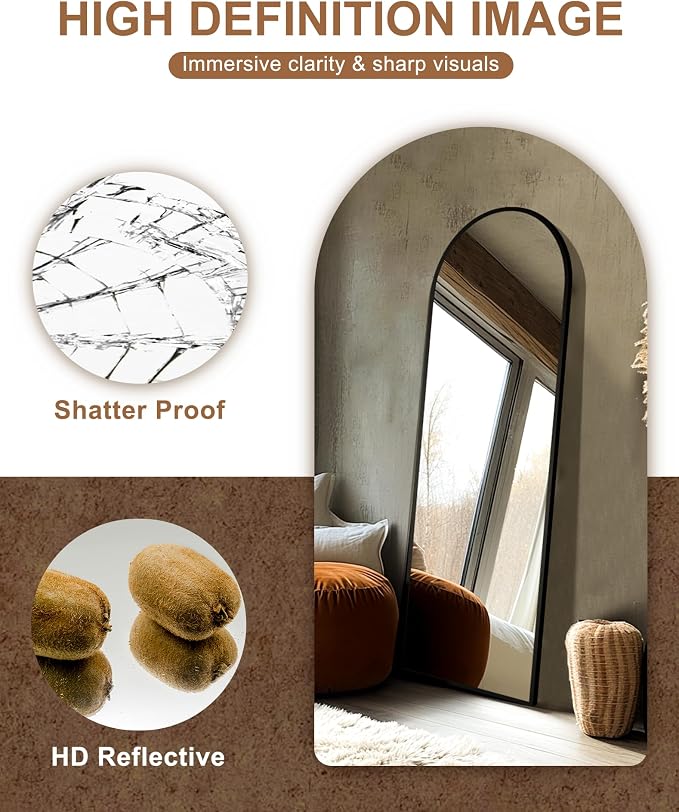 Arched Full Length Mirror with Stand, 69x24 Black Floor Mirror | Aluminium alloy frame with HD float glass for distortion-free reflection. Free standing or wall mounted.
